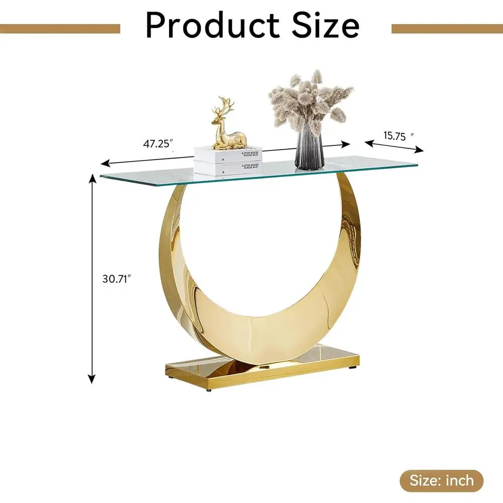 Elegant 47 Inch Slim Entryway Console Table With Tempered Glass And Gold Accents
