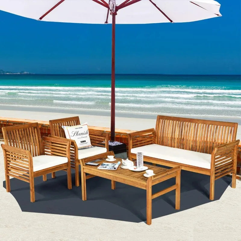4 Piece Outdoor Acacia Wood Sofa Set With Water Resistant Cushions And Table