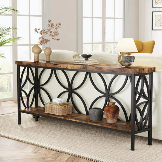 Industrial Narrow Sofa Table With Storage For Entryway