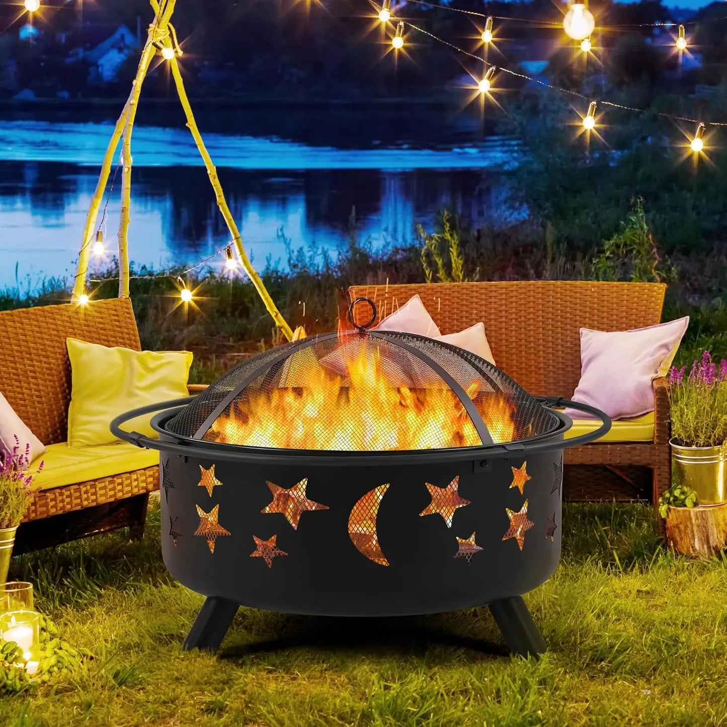 30 Inch Fire Pit Outdoor Wood Burning Spark Screen Poker
