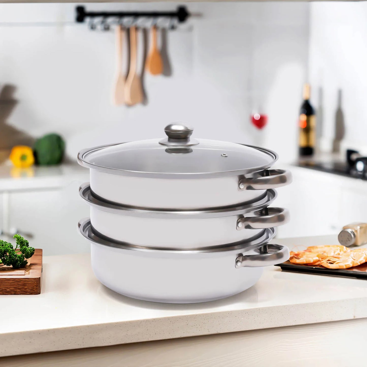 11 Inch 3 Tier Large Stainless Steel Steamer Pot Set with Glass Lid