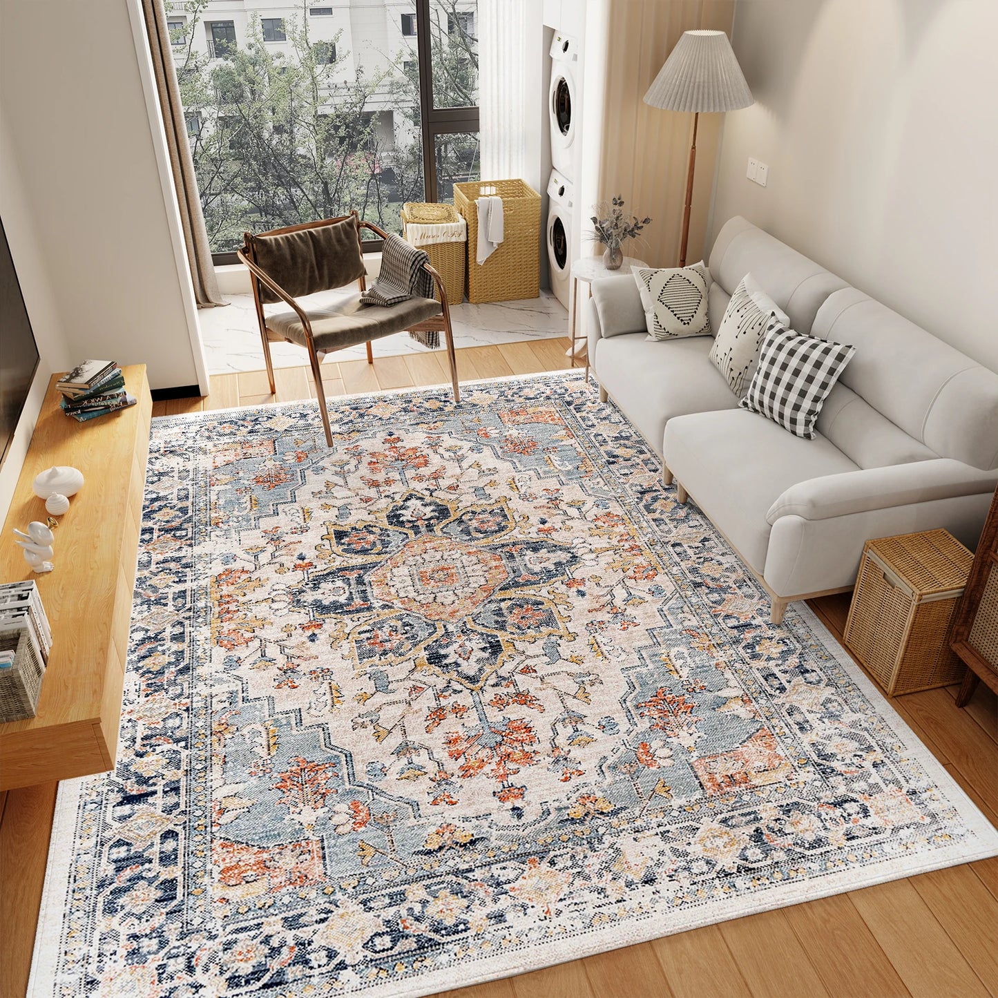 Orhopui Vintage Boho Design Washable Area Rugs Non Slip Rugs for Living Room Bedroom Traditional Woven Rugs Stain Resistant
