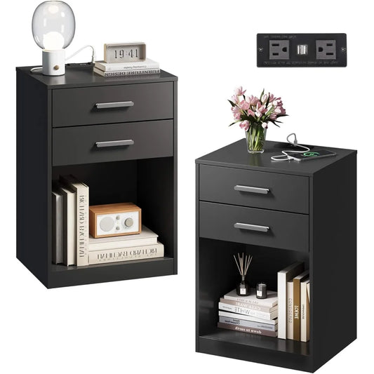 Nightstand Set Of 2 With Charging Station Two Drawers
