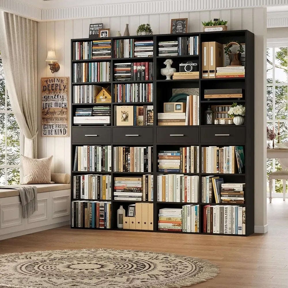 73 Inch High 7 Tier Black Wood Bookshelf Double Wide With Storage For CD DVD