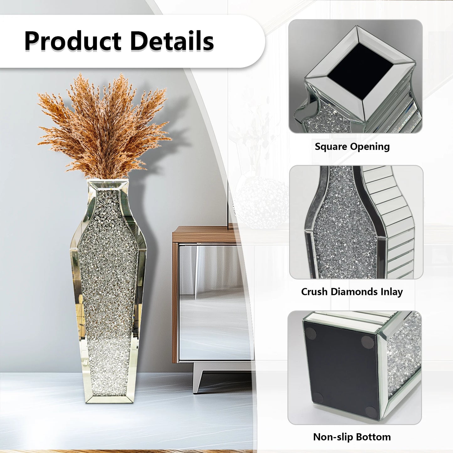 Tall Flower Vase Crushed Diamond Mirrored Floor Home Decor Vase