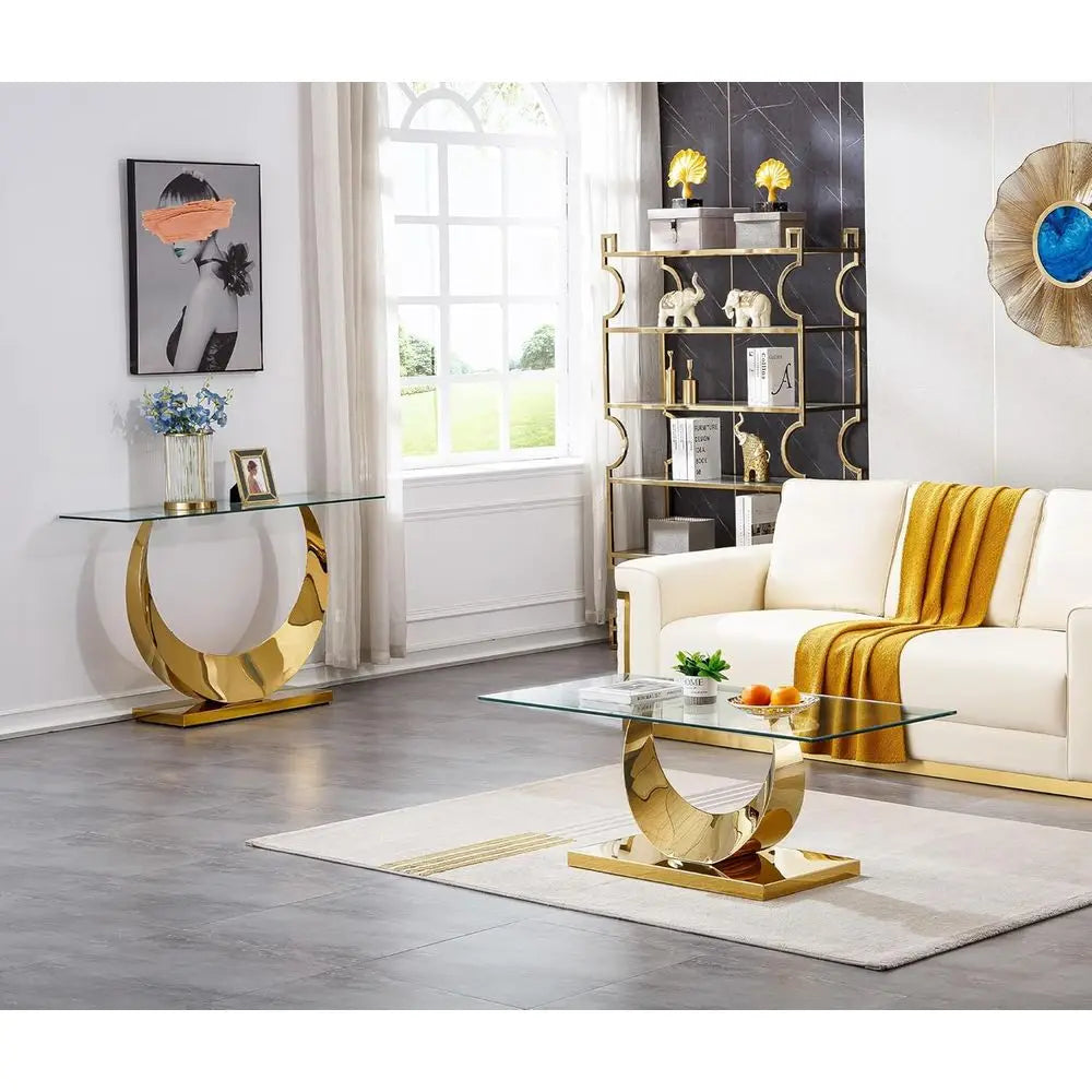 Elegant 47 Inch Slim Entryway Console Table With Tempered Glass And Gold Accents