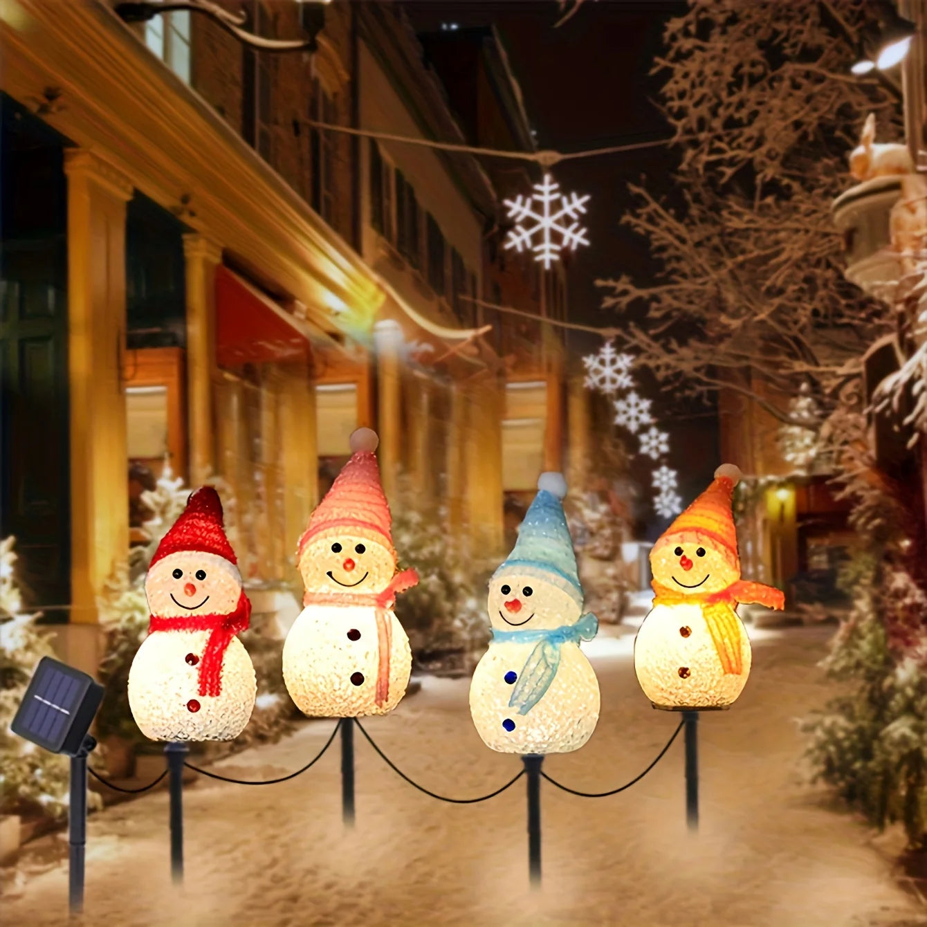 Solar Powered Snowman Lights 4-Piece Set With 1 Solar Panel Christmas Lawn LED