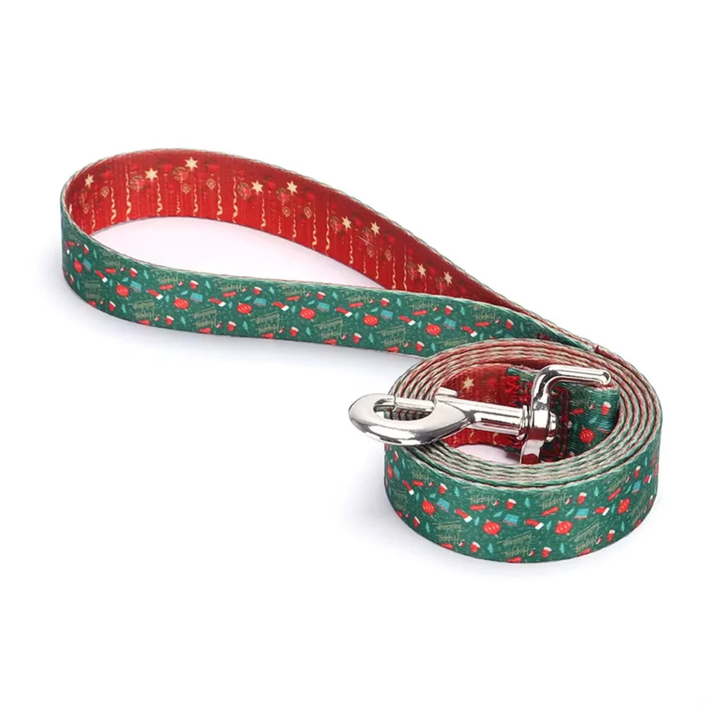 Christmas Dog Rope Set Collar Harness Santa Printed Spiked