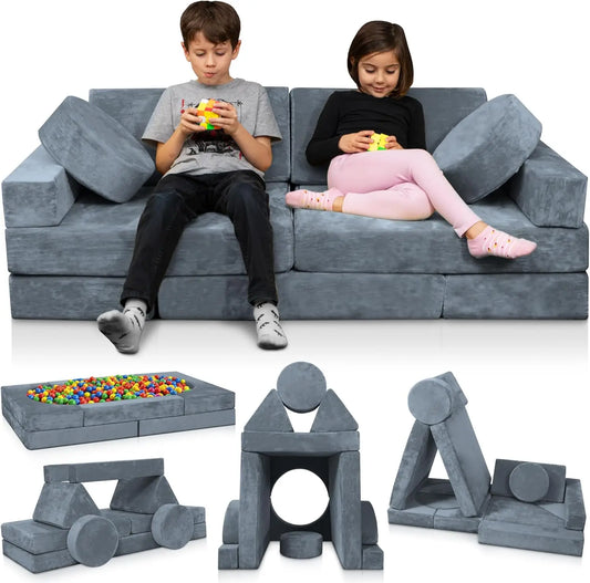 14 Piece Modular Kids Play Couch Convertible Foam Furniture for Toddlers Gray