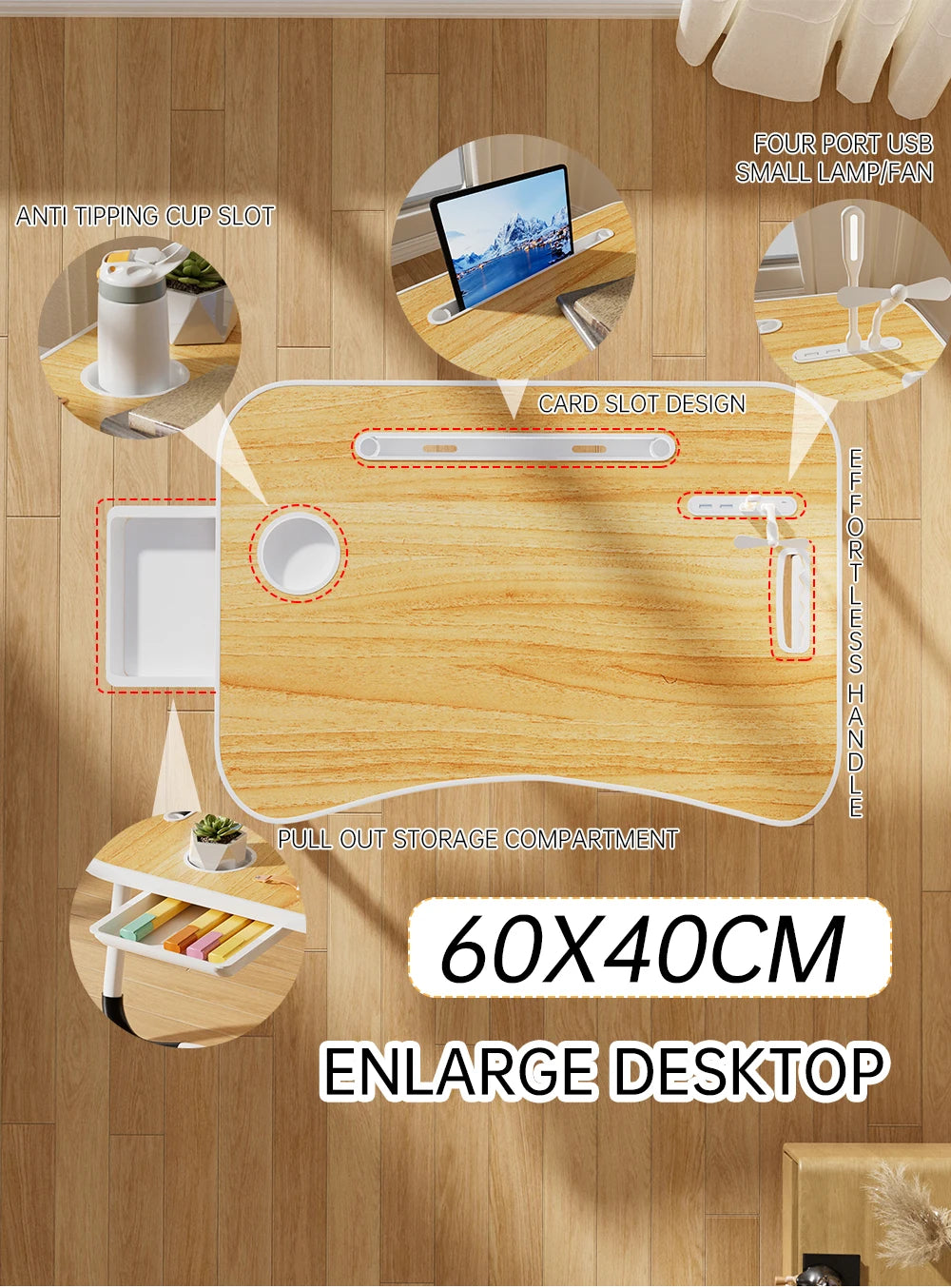 Foldable Portable Laptop Desk With USB Light And Cup Holder