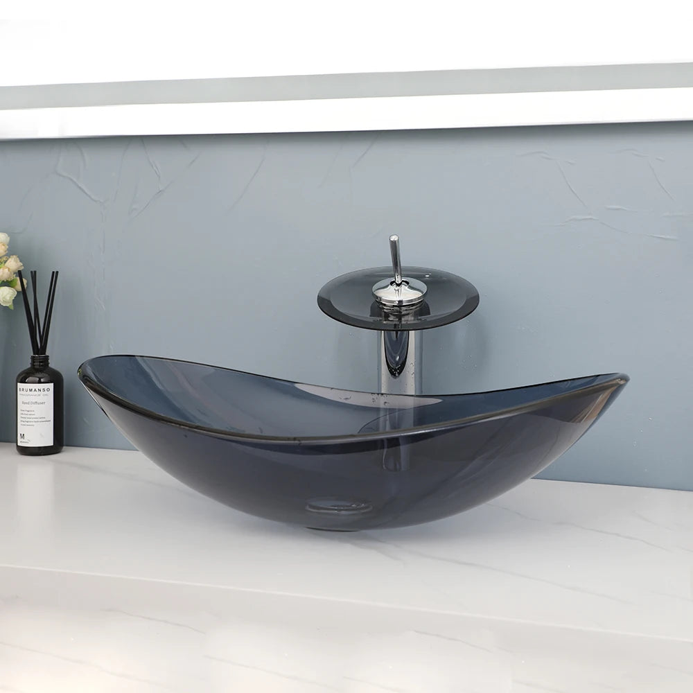 KEMAIDI Glass Vessel Sink AboveCounter Waterfall Faucet