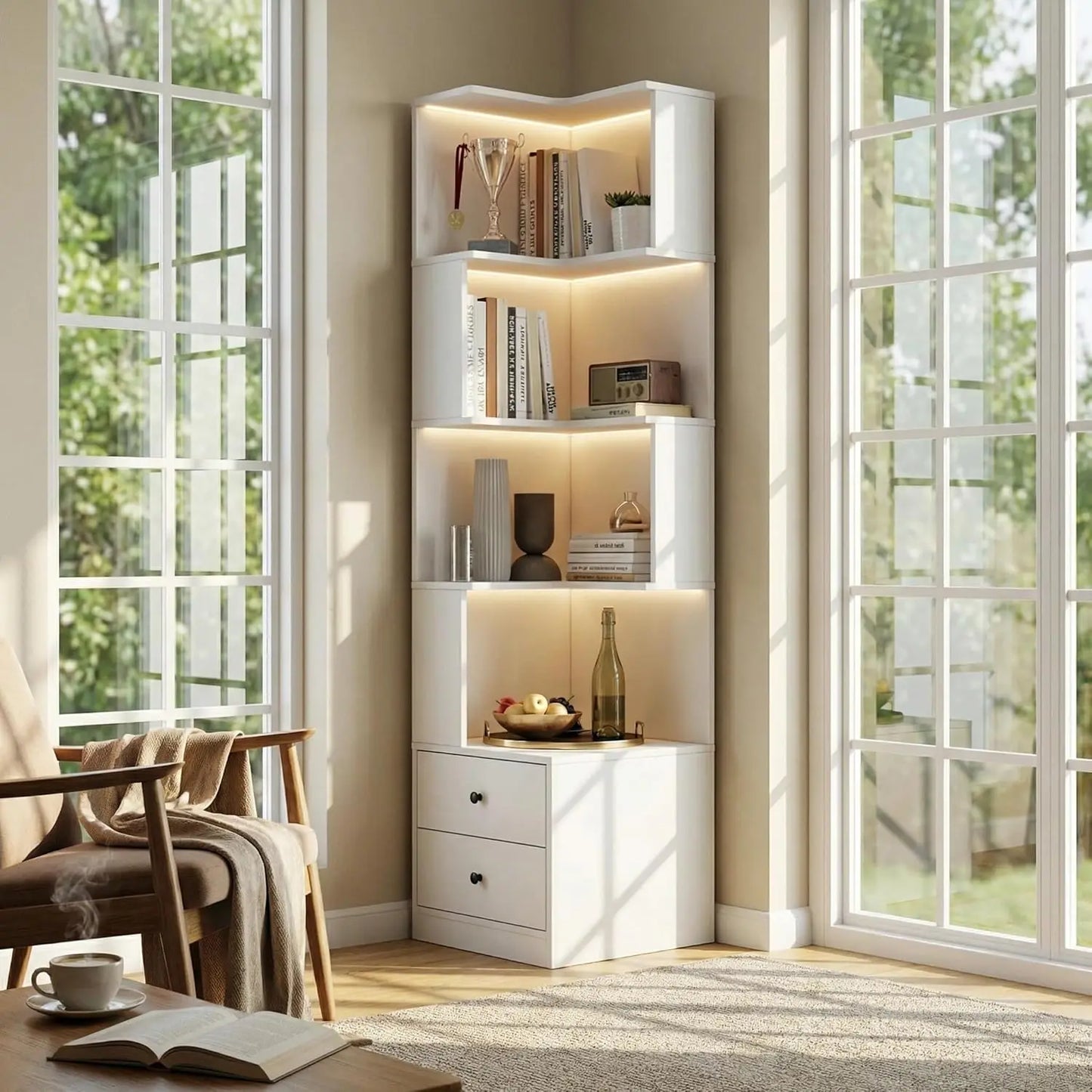 Arvolia 4 Tier Corner Bookshelf With Drawers And LED Lights L Shaped Shelf
