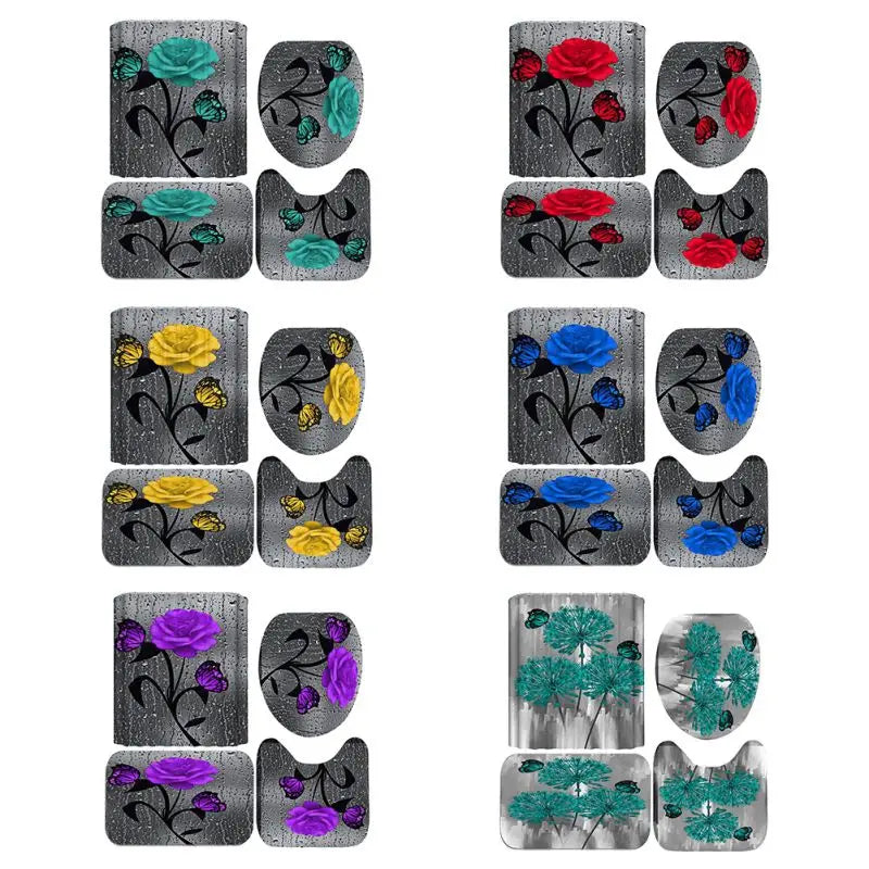 Four Piece Floral Polyester Bathroom Accessory Set Non Slip