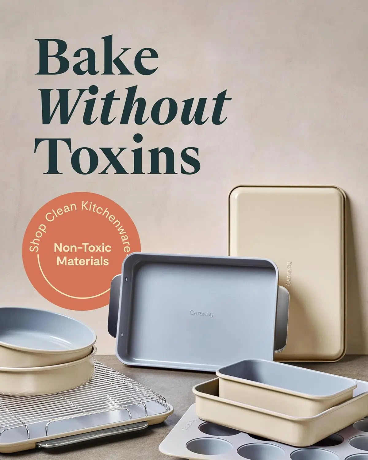 Nonstick Ceramic Bakeware Set 11 Pieces Baking Sheets Assorted Baking Pans Cooling Rack and Storage Aluminized Steel Body Non Toxic PTFE and PFOA Free Cream