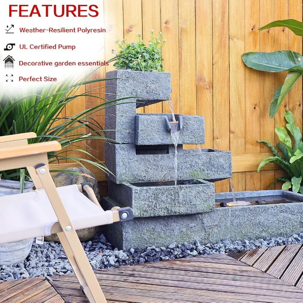 Tiered Outdoor Water Fountain For Garden And Indoor Use Freestanding Cascade Resin Concrete Modern Style With LED