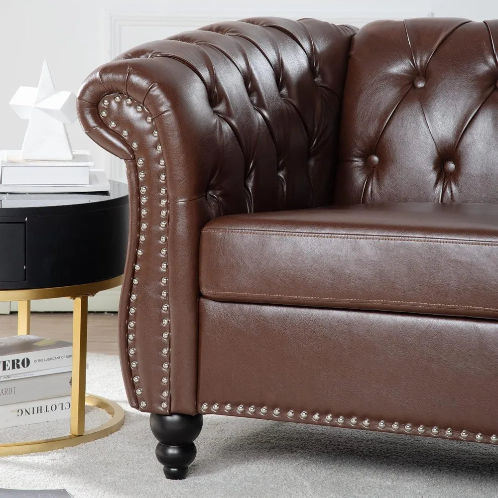 Leather Chesterfield Chair Mid Century Modern Tufted Rolled Armchair For Home