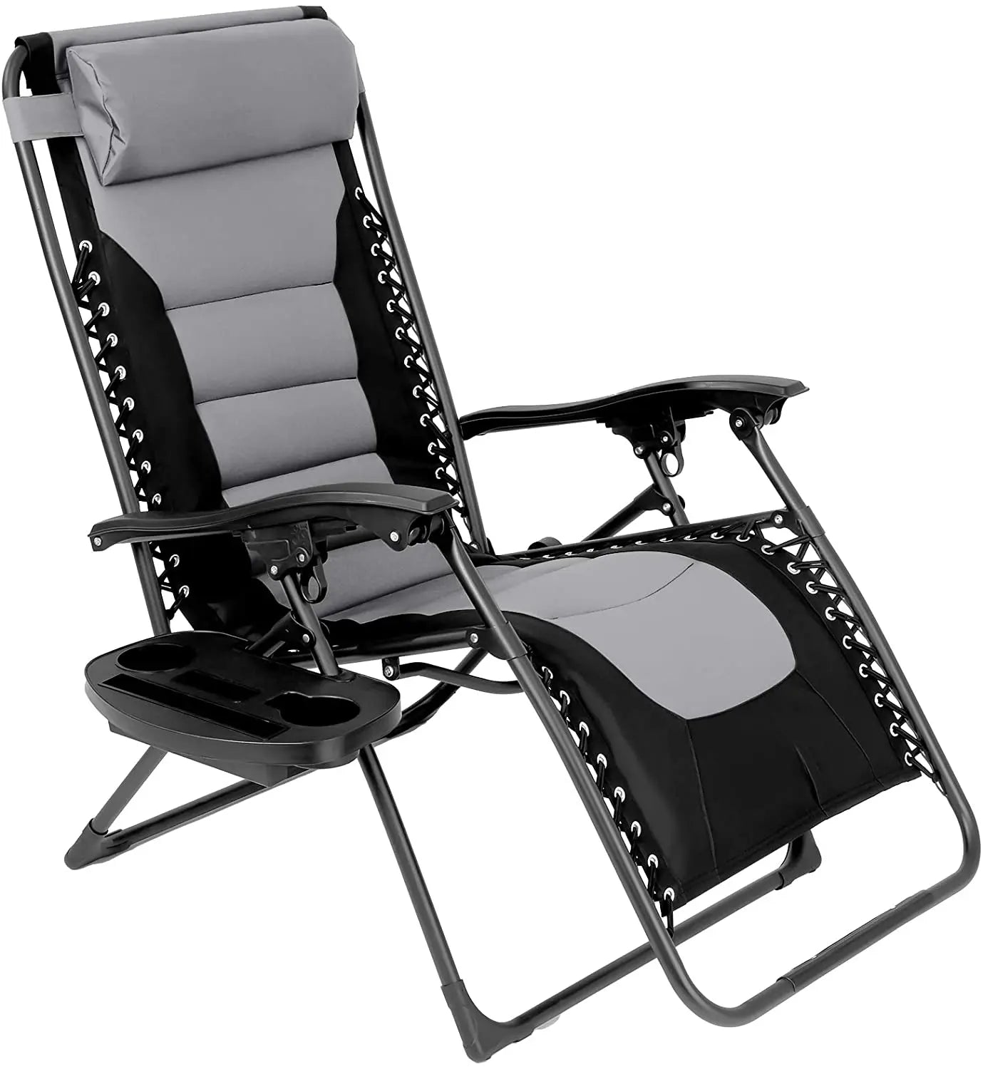 Padded Zero Gravity Lounge Chair Folding Patio Recliner with Adjustable Headrest and Cup Holder Support 160kg Sun Loungers
