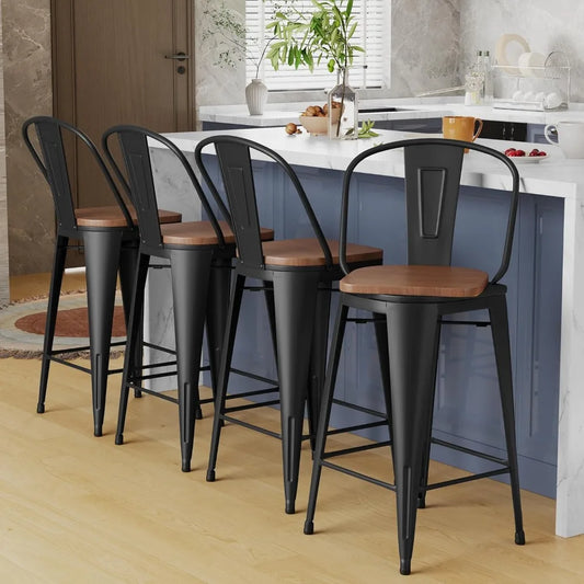 30 Inch Swivel Metal Bar Stools Set 4 High Back Industrial