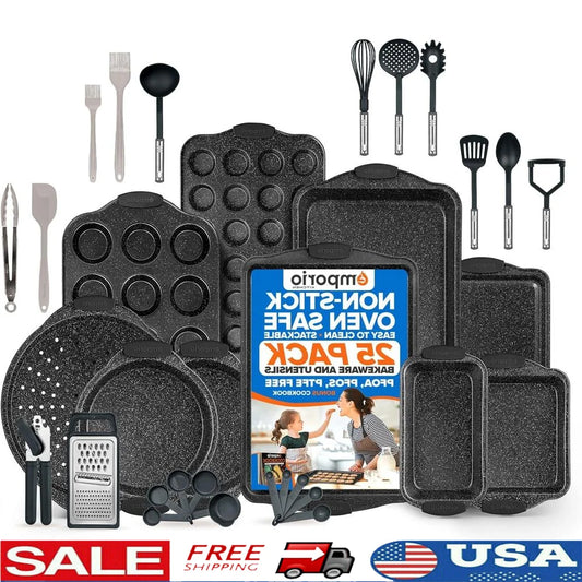 25 Piece Nonstick Carbon Steel Bakeware Set Oven Safe with Silicone Handles and Recipe Booklet Ideal for Baking Cookies and Muffins Pans