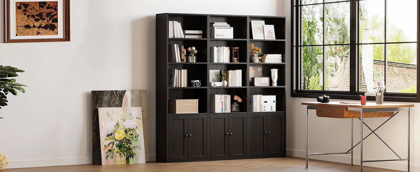 Casaottima Black 6 Tier Bookcase With Doors Floor Standing Home Office