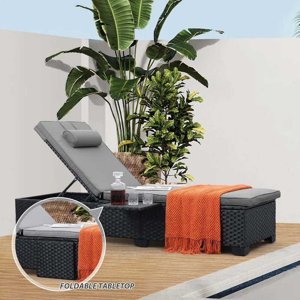 Outdoor Wicker Chaise Lounge Chairs Set Of 2 Reclining Rattan Patio Sun Loungers With Cushion Back Metal Frame For Pool And Patio Black Grey