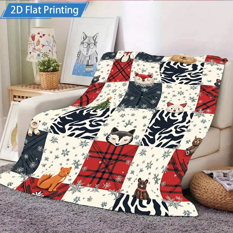 Christmas Animal Print Flannel Blanket Cozy Polyester Bedding