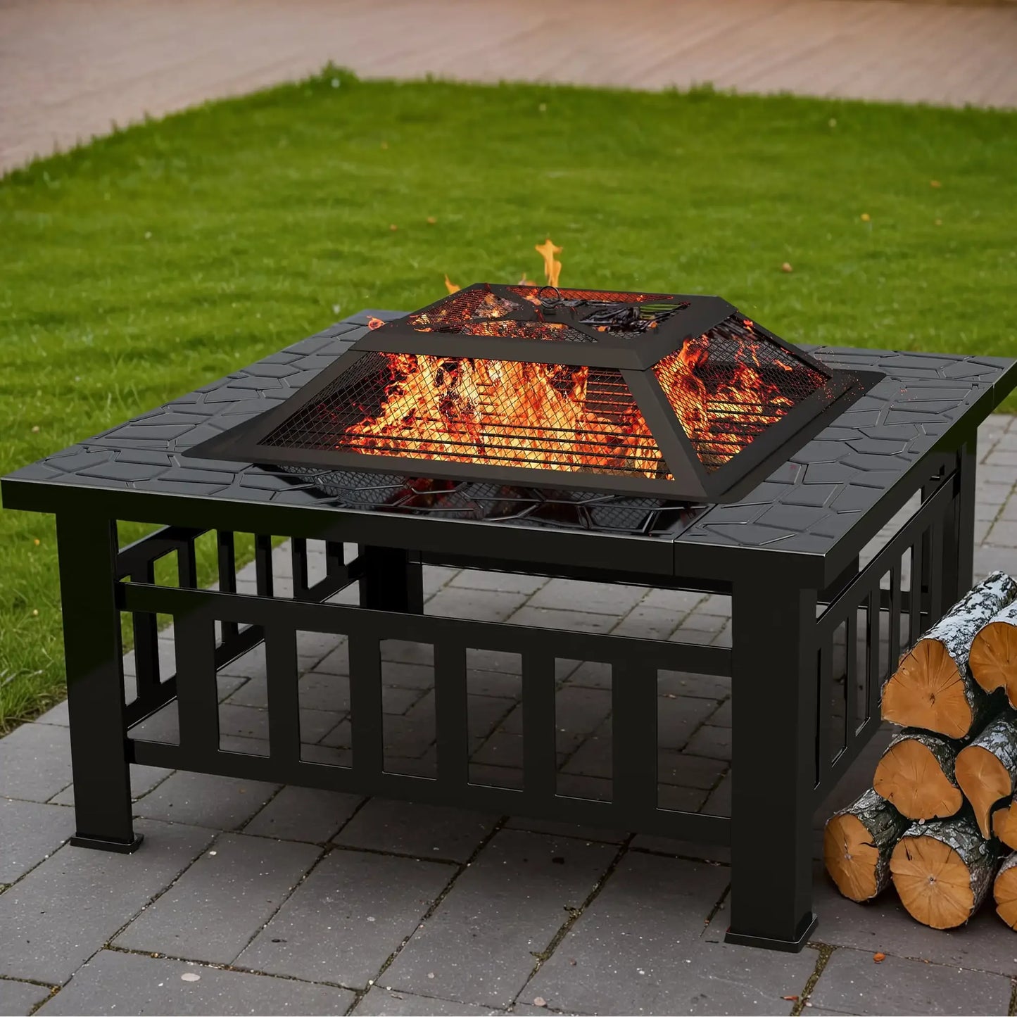 32 Inch Fire Pit Table Patio Ice Storage Mesh Lid Black