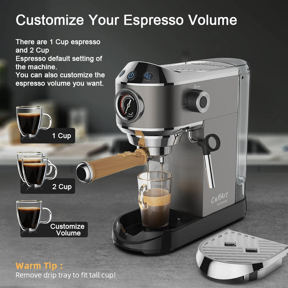 BioloMix 20 Bar Semi Automatic Powder Coffee Machine with Milk Steam Frother for Espresso Cappuccino Latte and Mocha