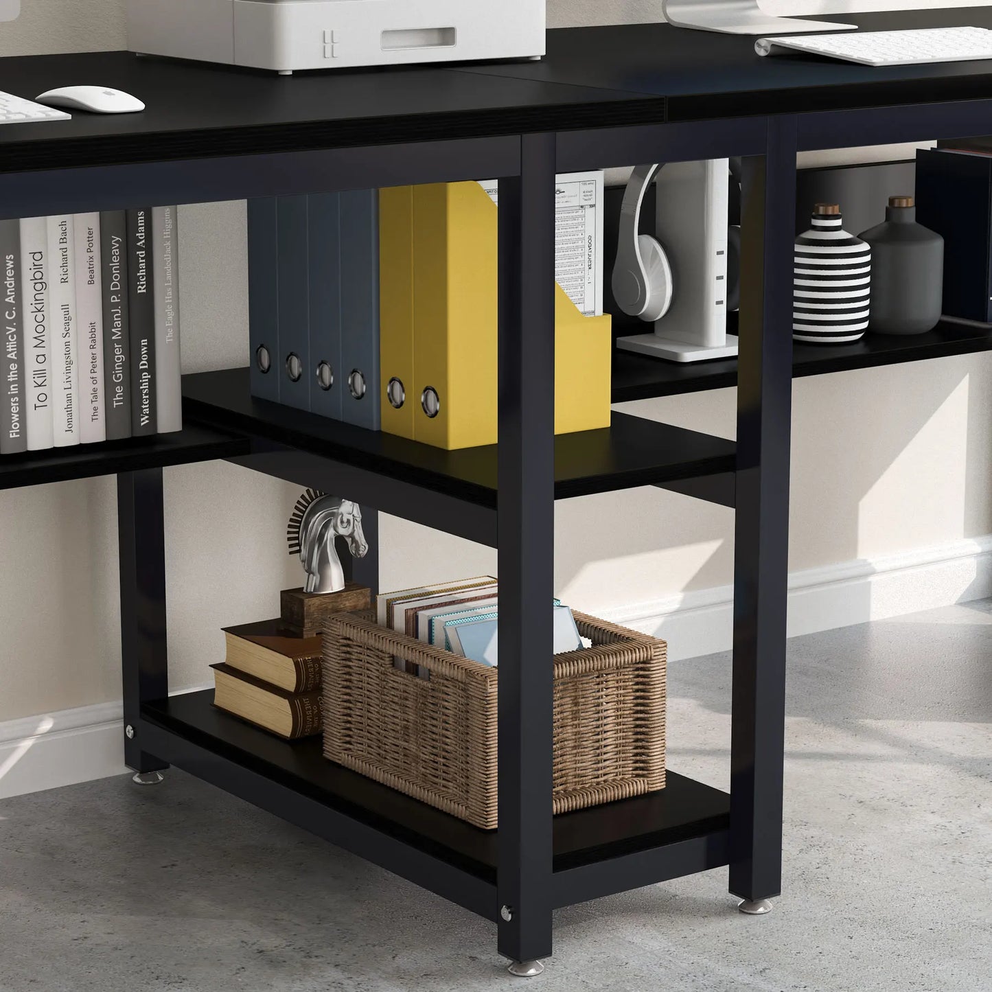 Tribesigns Two Person Desk With Bookshelf 78.7 Inch Rustic Double Computer Desk