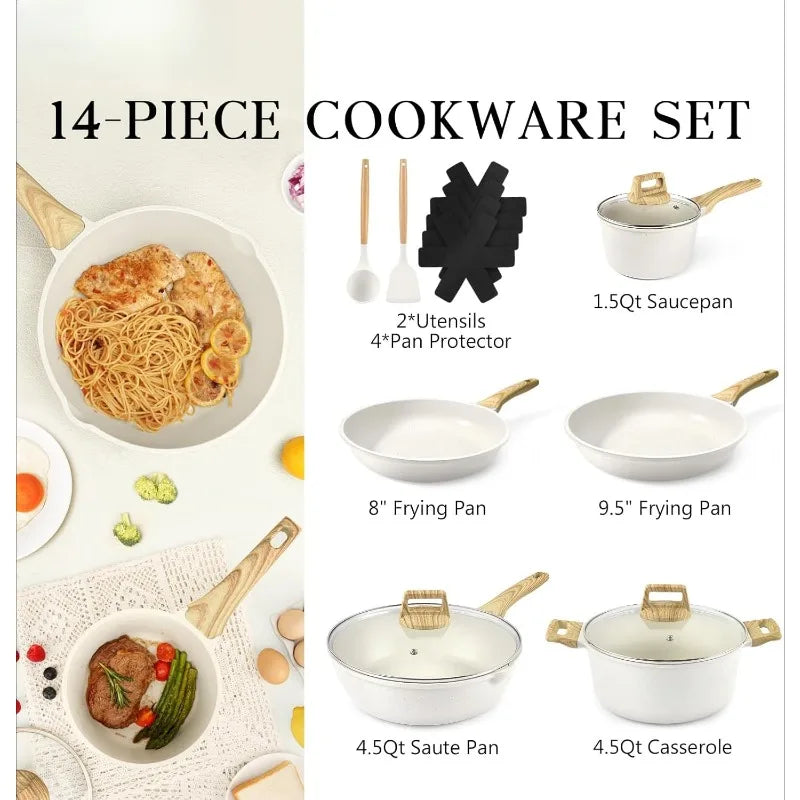 Pots and Pans Set Non Stick 14 Piece White Granite Kitchen Cookware Set Induction Frying Pans Saucepans and Silicone Utensils