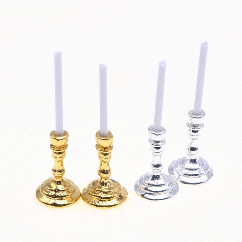 Set Of Miniature Golden Candle Holders For Dollhouse Decor