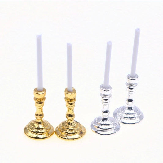 Set Of Miniature Golden Candle Holders For Dollhouse Decor
