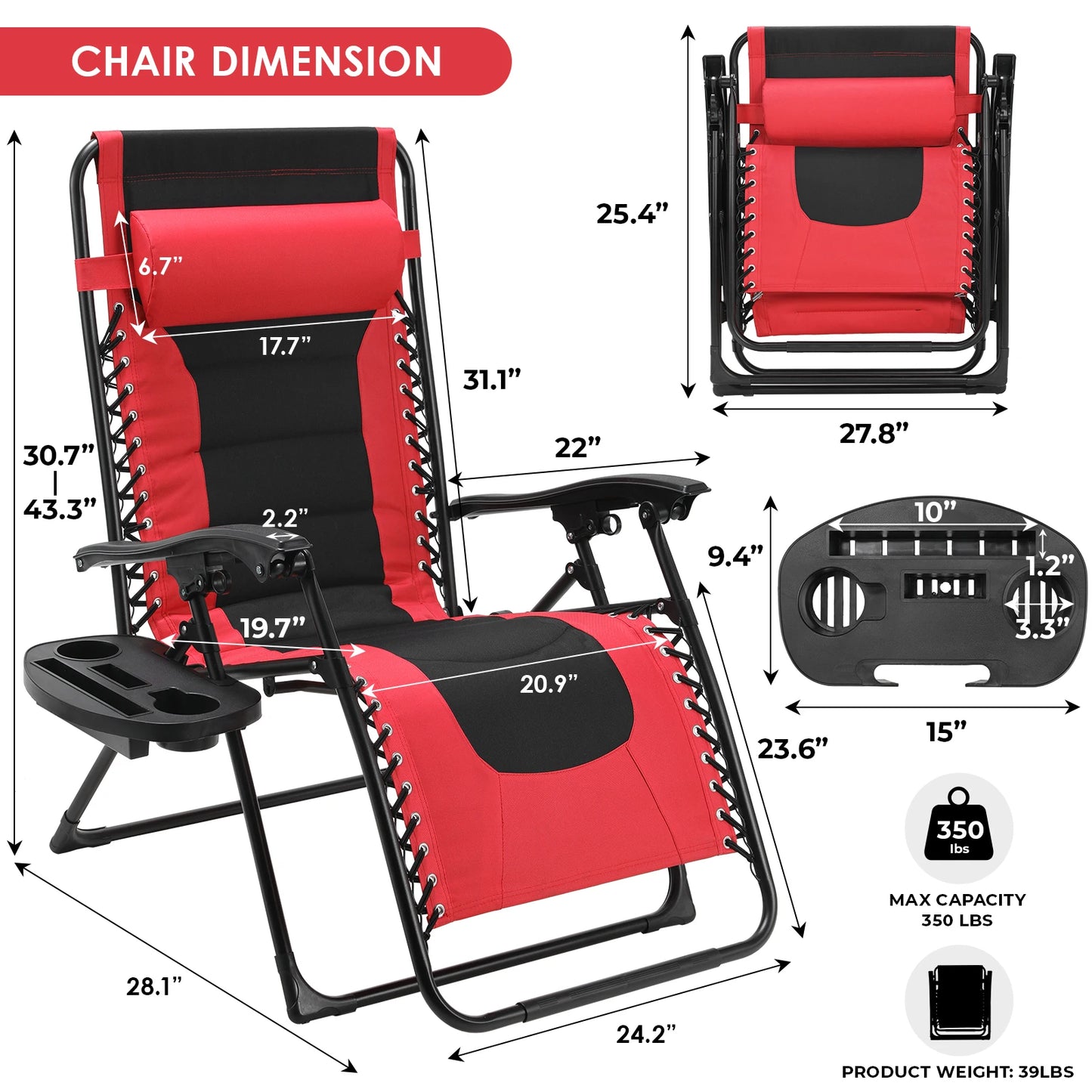 Padded Zero Gravity Lounge Chair Folding Patio Recliner with Adjustable Headrest and Cup Holder Support 160kg Sun Loungers