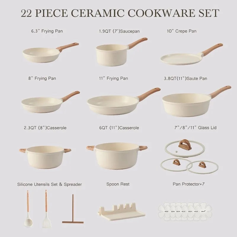 22 Pcs Non Stick Non Toxic Ceramic Cookware Set with Lids Cream White Granite Induction Compatible Pots and Pans