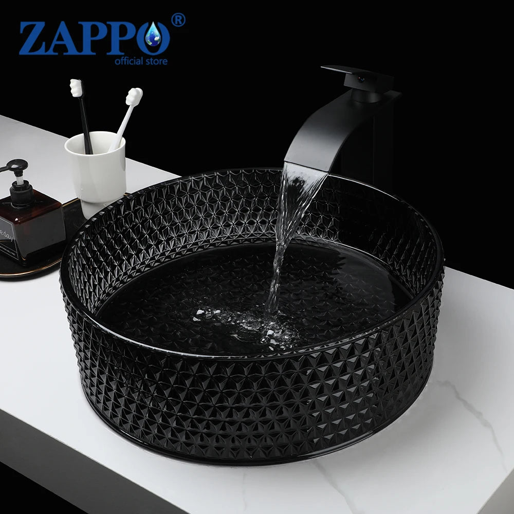 ZAPPO Black Glass Vessel Sink With Deck Mount Faucet