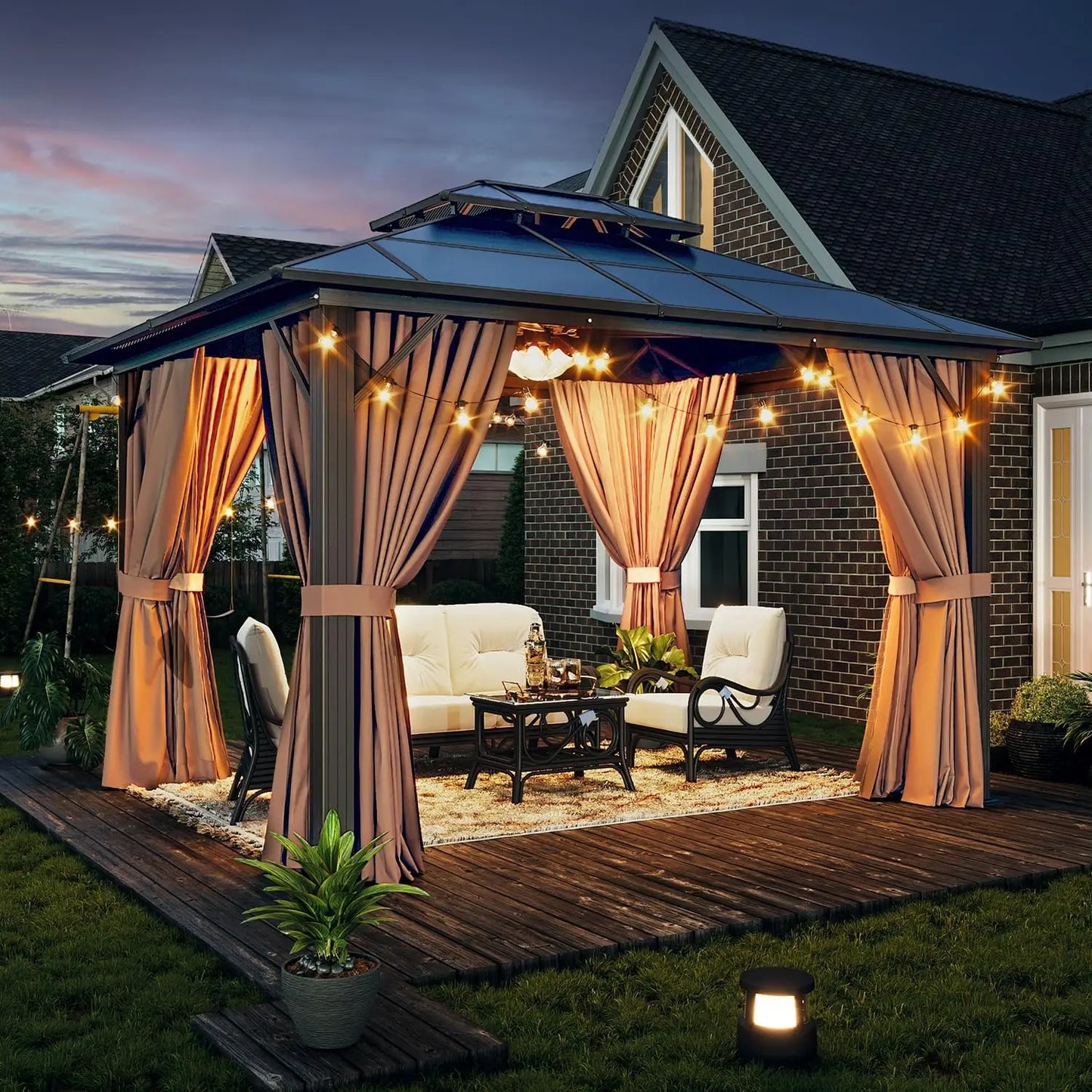 10x12ft Hardtop Gazebo With Aluminum Frame Netting And Curtains Outdoor Pavilion