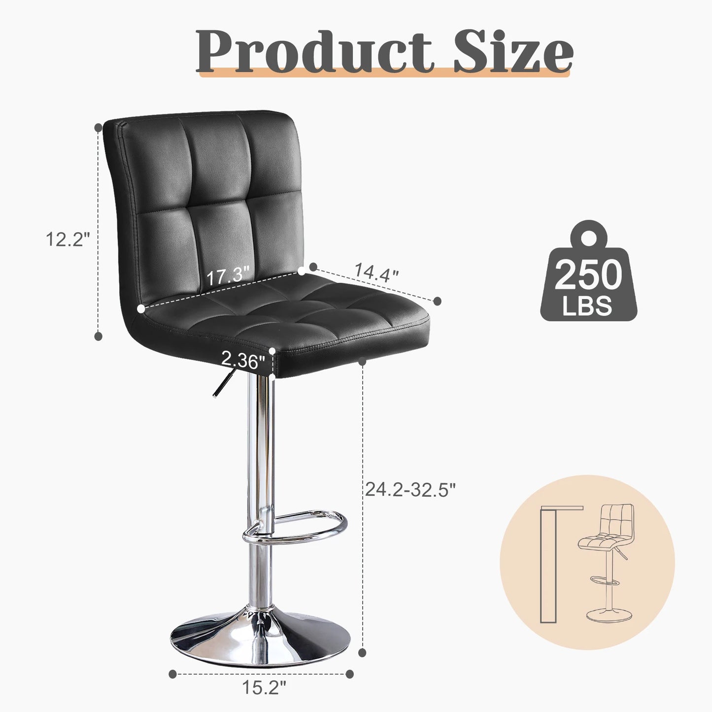 JHK PU Leather Bar Stools Set Of 2 Counter Height With SGS Gas Cylinder