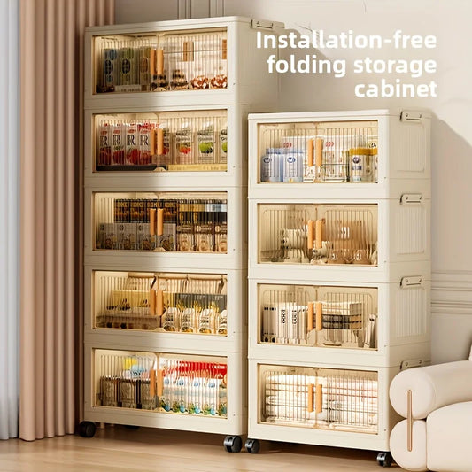 3 To 5 Tier Foldable Cabinet With Wheels Plastic Lidded Storage Box