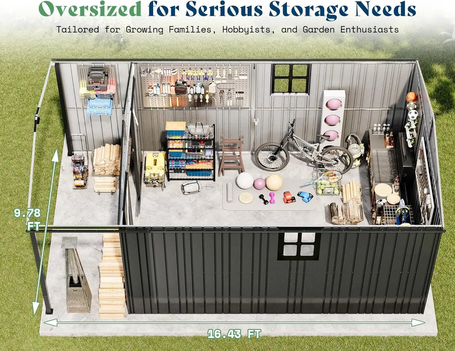 10x16.6x7.3 Ft Outdoor Storage Shed With Lounge Area And Sliding Doors 2 Windows