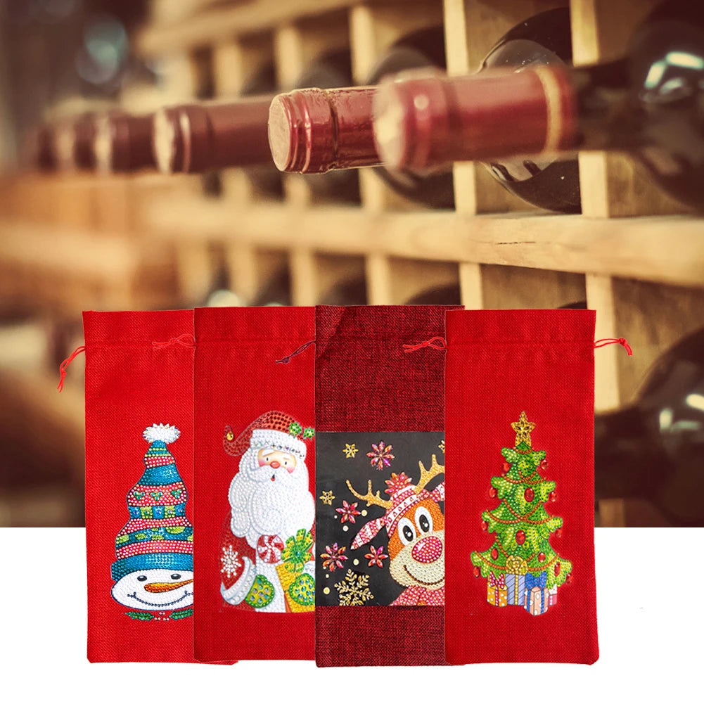 Christmas Diamond Art Wine Gift Bag Drawstring Bottle Cover