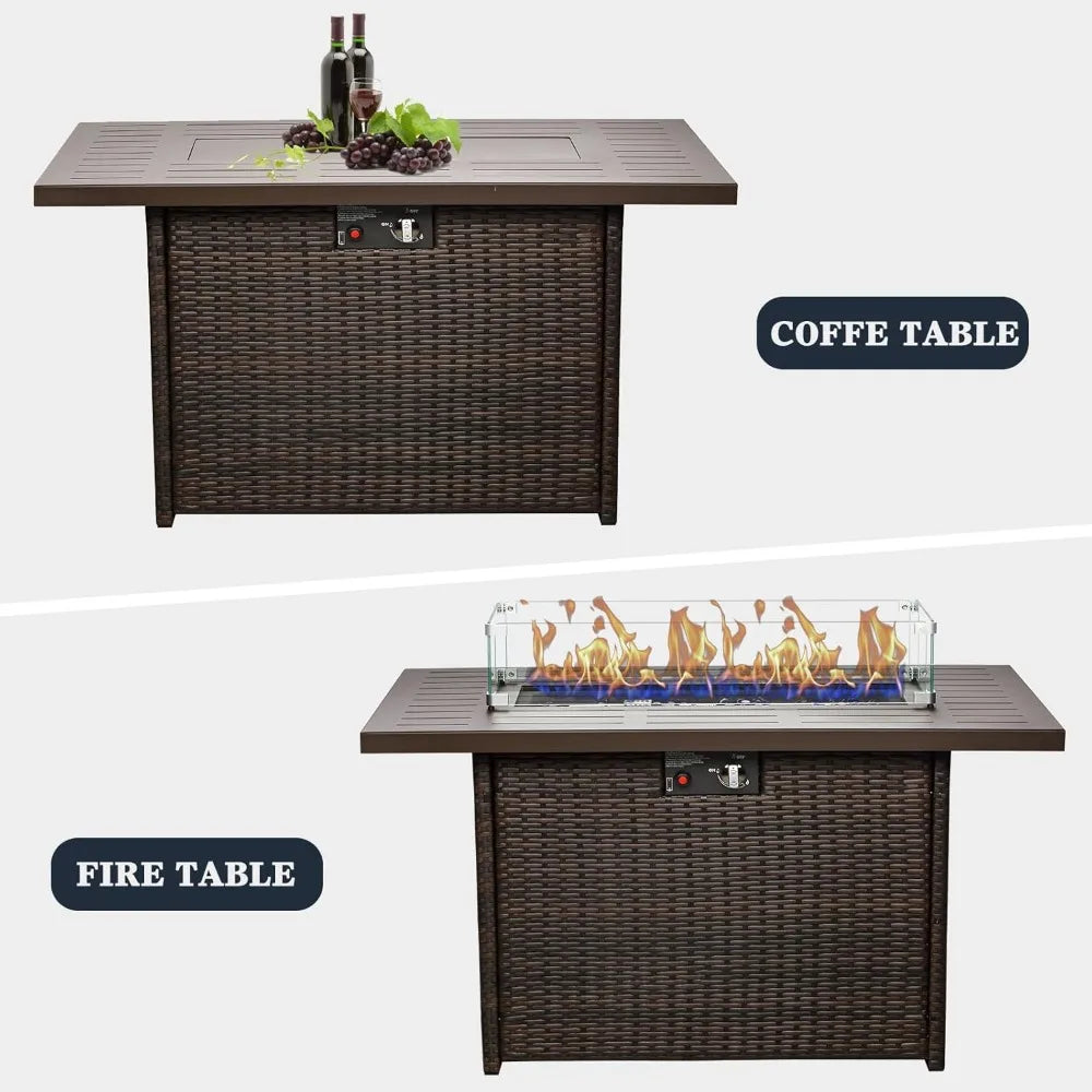 44 Inch Propane Gas Fire Pit Table Outdoor Patio 60000 BTU Rectangular Wicker