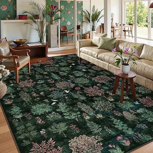 Forest Print Washable 8x10 Area Rugs Dark Green Rugs for Living Room Non Slip Ultra Thin Soft Boho Floral Bedroom Carpet