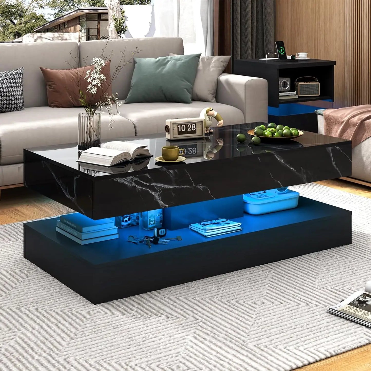 Modern Coffee Table With LED Lights And Storage Drawers