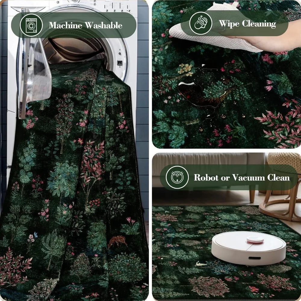 Forest Print Washable 8x10 Area Rugs Dark Green Rugs for Living Room Non Slip Ultra Thin Soft Boho Floral Bedroom Carpet