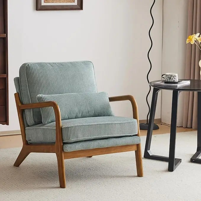 Mid Century Modern Corduroy Upholstered Lounge Armchair With Wood Frame