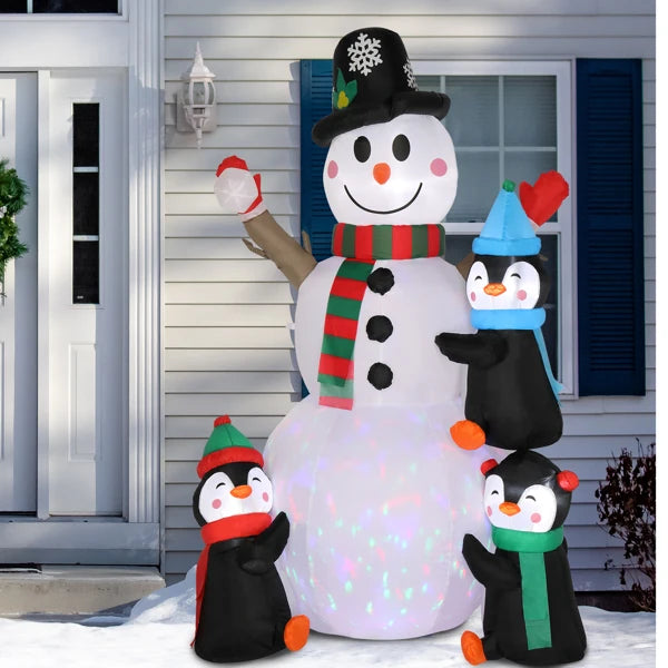 6ft Inflatable Snowman With 3 Penguins And 4 Light Strings