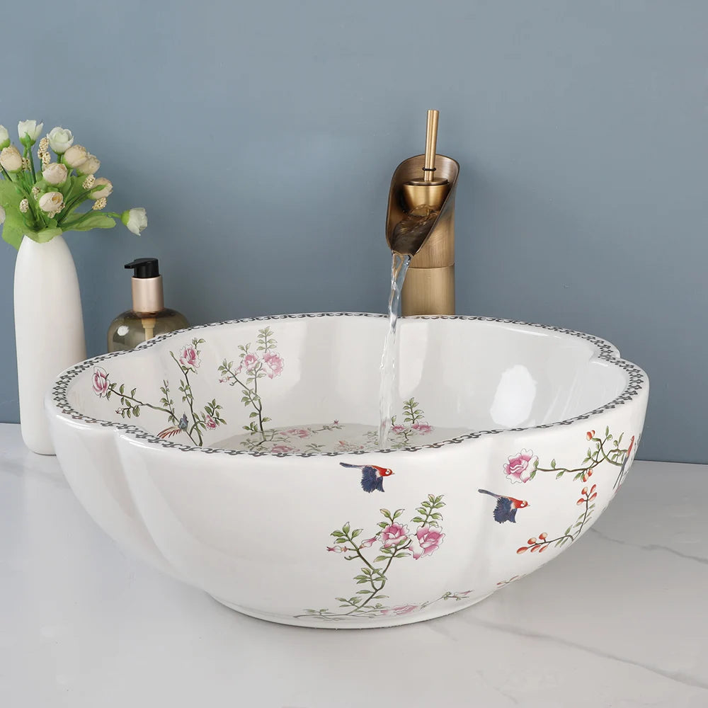 ZAPPO Ceramic Sink Above Counter Round Petal Pattern Faucet