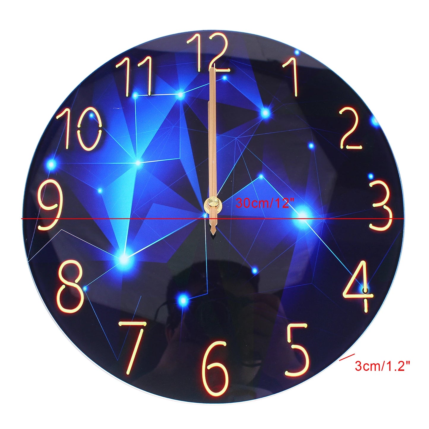 12 Inch Silent Blue Diamond Round Wall Clock Decorative Modern Style Interior Clock