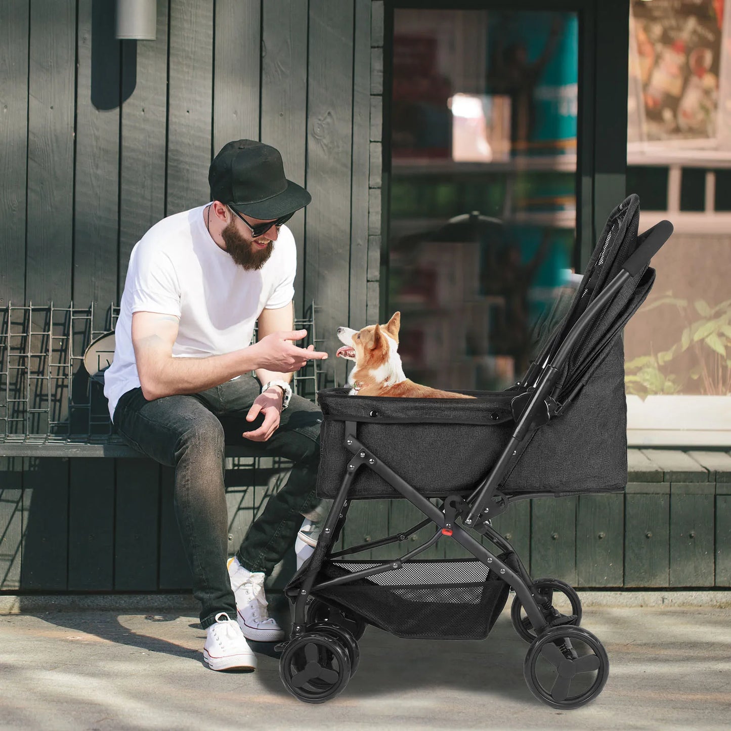 Medium Dog Pet Stroller With Poop Bags Reversible Handlebar