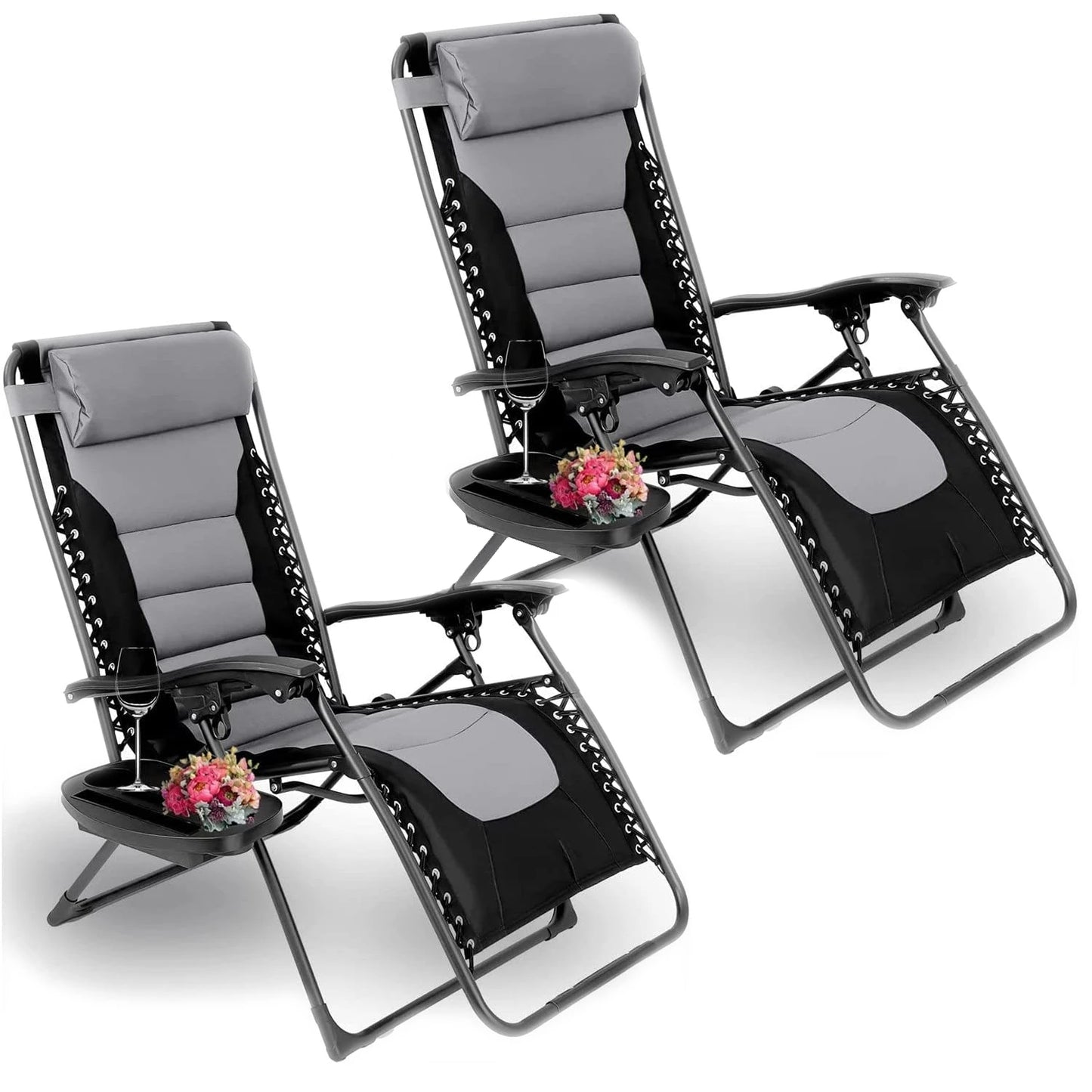 Padded Zero Gravity Lounge Chair Folding Patio Recliner with Adjustable Headrest and Cup Holder Support 160kg Sun Loungers